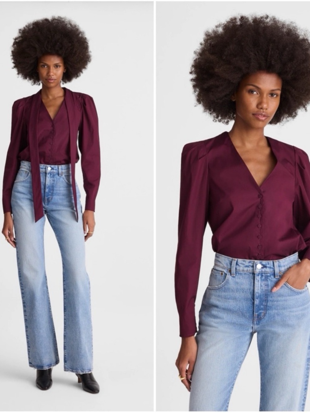 Madewell V-Neck Button-Front‎ Top Dark Pomegranate Purple Tie Neck Size XS NWT